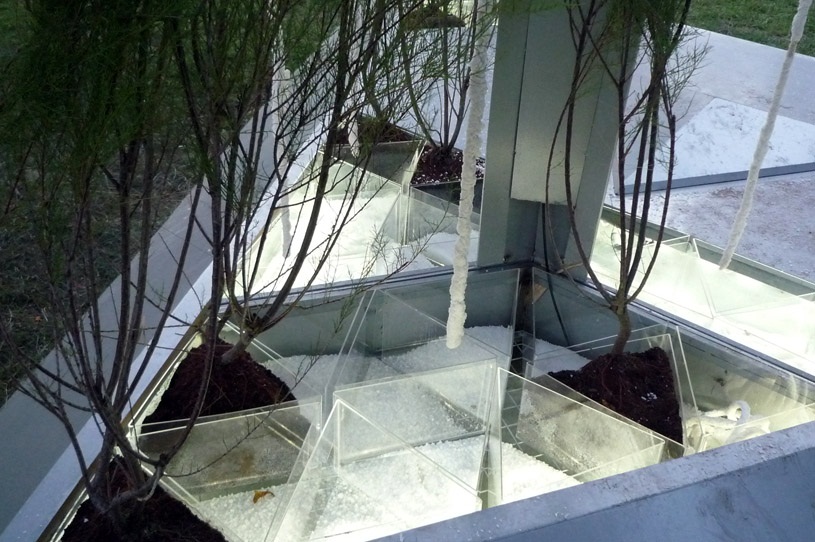 Archisearch - Public space installation - steel canopy, columns, base, hydraulic pumps, plexiglass containers with salt, turf, water, halophyte plants.