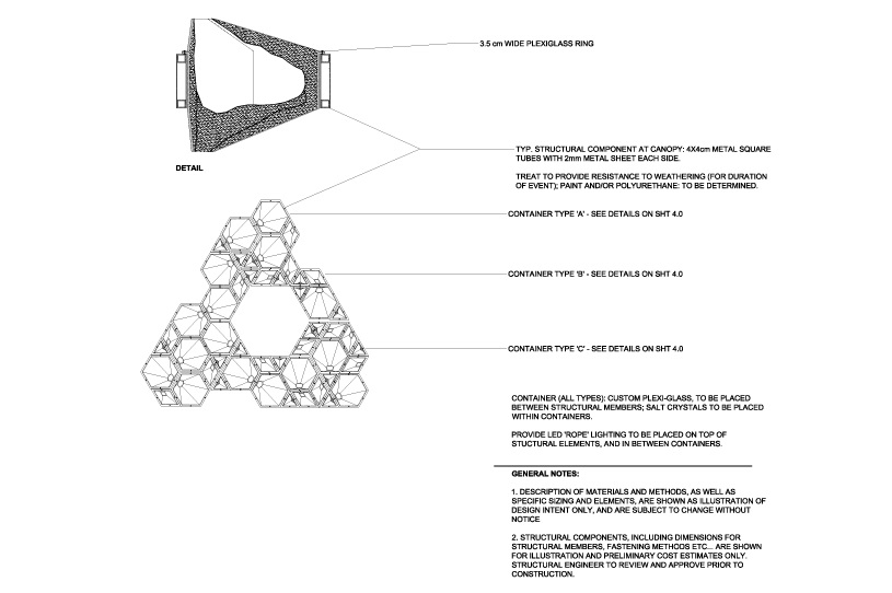 Archisearch - Public space installation - steel canopy, columns, base, hydraulic pumps, plexiglass containers with salt, turf, water, halophyte plants.