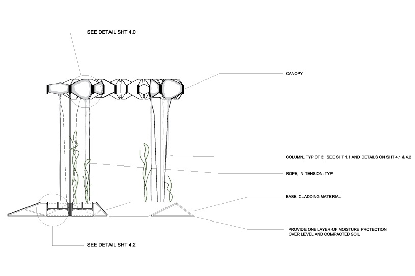 Archisearch - Public space installation - steel canopy, columns, base, hydraulic pumps, plexiglass containers with salt, turf, water, halophyte plants.