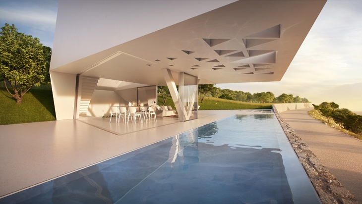 Archisearch - Hornung And Jacobi Architecture_Villa F_05: The infinity pool is part of the outside area and serves as a railing/falling protection as such and generates a cooling effect due to the water evaporation.