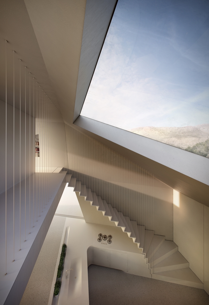Archisearch - Hornung And Jacobi Architecture_Villa F_08: The shape of the upper roof light follows the language of the whole design, while the cast of the shadow draws a distorted triangle.