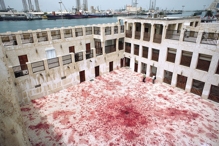 Archisearch - Blessing Upon the Land of My Love, 2011, paint on interlocking brick pavement, site.specific installation, comissioned by Sharjah Art Foundation, Installation view. Photo by Alfredo Rubio