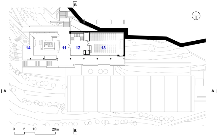 Archisearch - Upper wing plan. (c) Kizis Architects (11. Ticket office 12. Foyer 13. Multipurpose space 14. Shop/cafe)