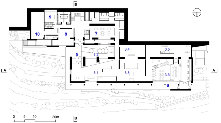 Archisearch - Lower wing plan. (c) Kizis Architects (3. Permanent exhibition 5. Permanent exhibition entrance 6. Exit to open air exhibition 7. Educational programmes 8. Administration 9.Kitchen 10.Storage) 