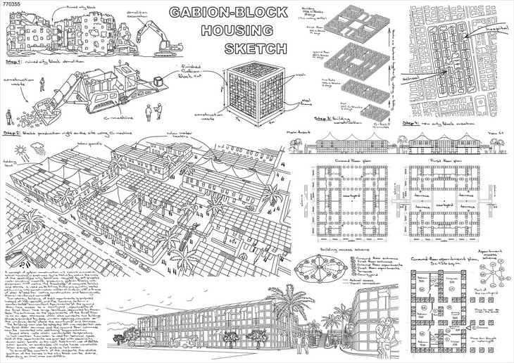 Archisearch - Honorable Mention: Gabion Block / Aleksandr Kelkh, Dmitrii Kupressov, Tatiana Kan, Vladimir Sorokin; Russia