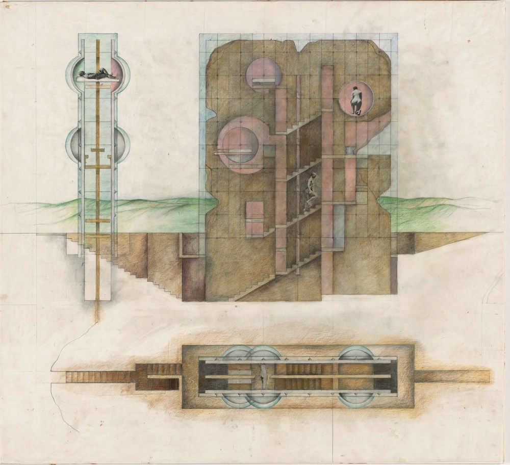Archisearch -  Raimund Abraham. The House without Rooms. Project, 1974. Elevation and plan. Colored pencil, graphite, and cut-and-pasted printed paper on paper, 34 5/8 x 38 1/8″ (87.9 x 96.8 cm). The Museum of Modern Art, New York. Gift of The Howard Gilman Foundation. (c) 2015 Raimund Abraham