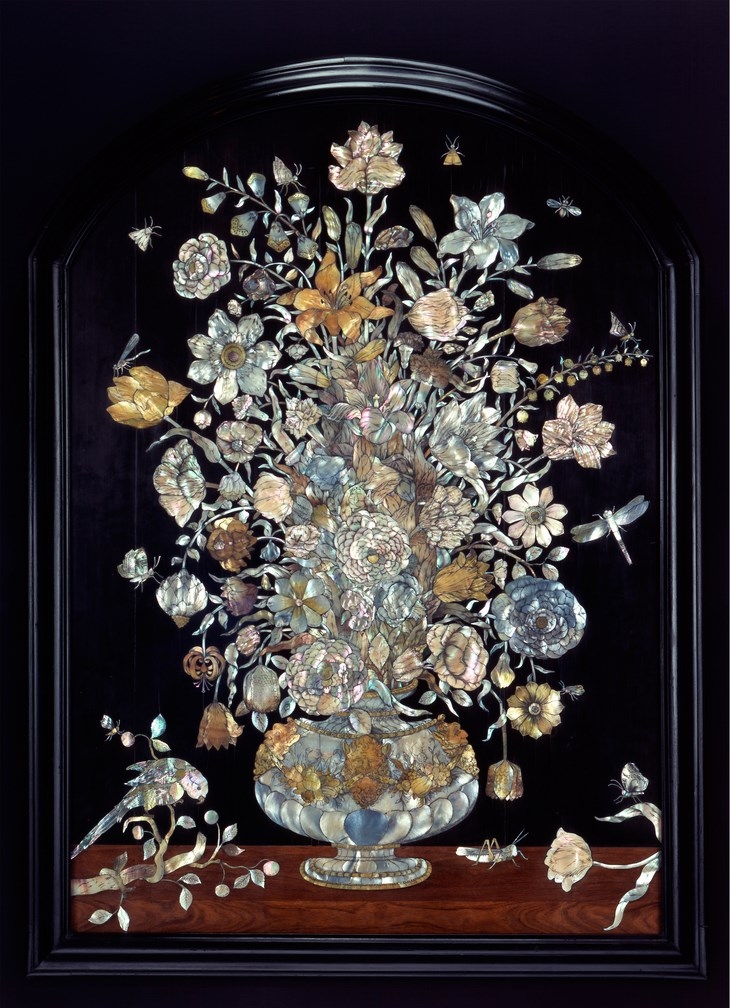 Archisearch - Panel with floral still life, Dirck van Rijswijck, 1654. Wood inlaid with mother of pearl. Staatliche Kunstsammlungen Dresden