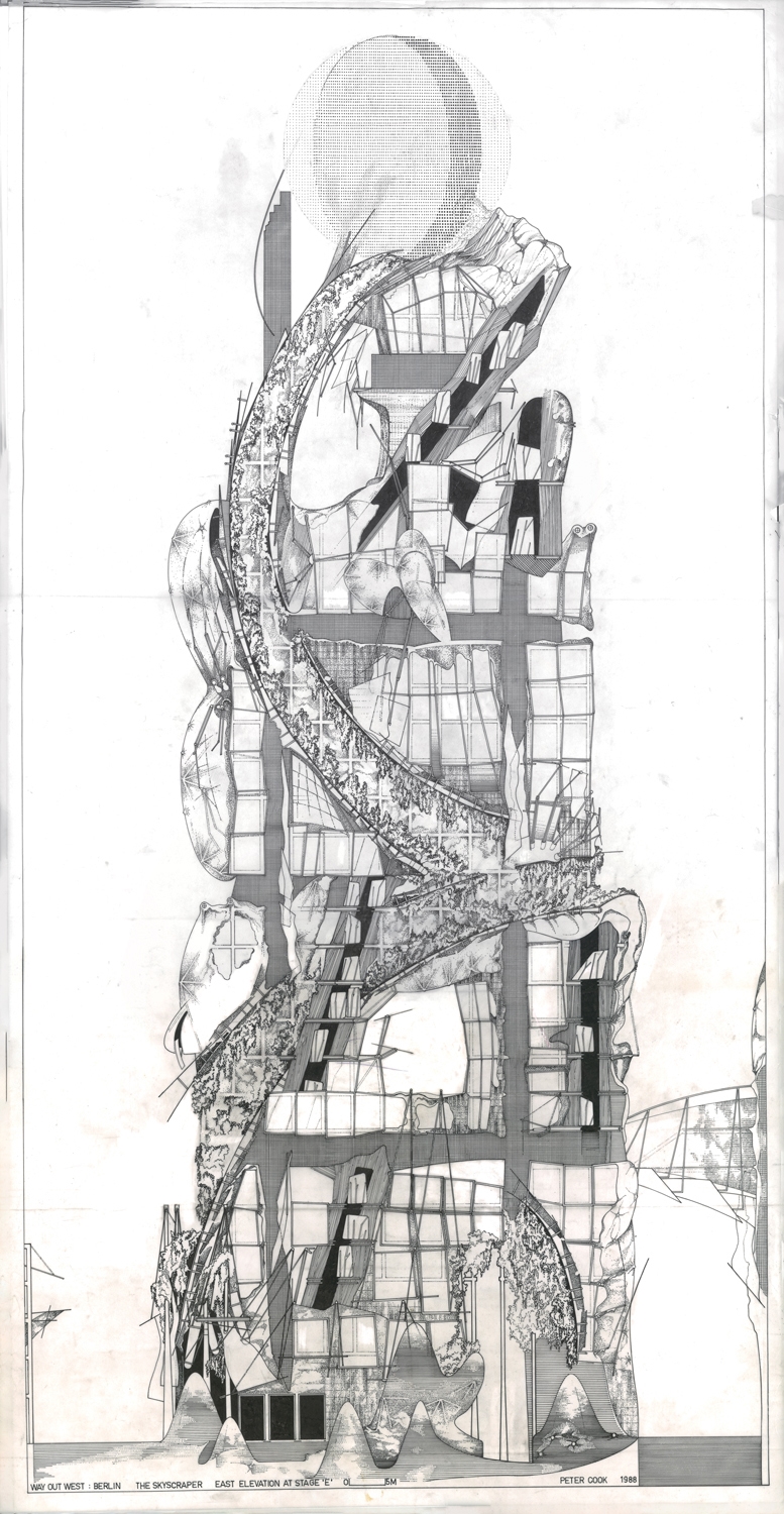 Archisearch - Way Out West: Berlin  East Elevation at Stage E  1988  Tracing paper, ink / Transparentpapier, Tusche  102 x 52 cm  (c) Peter Cook