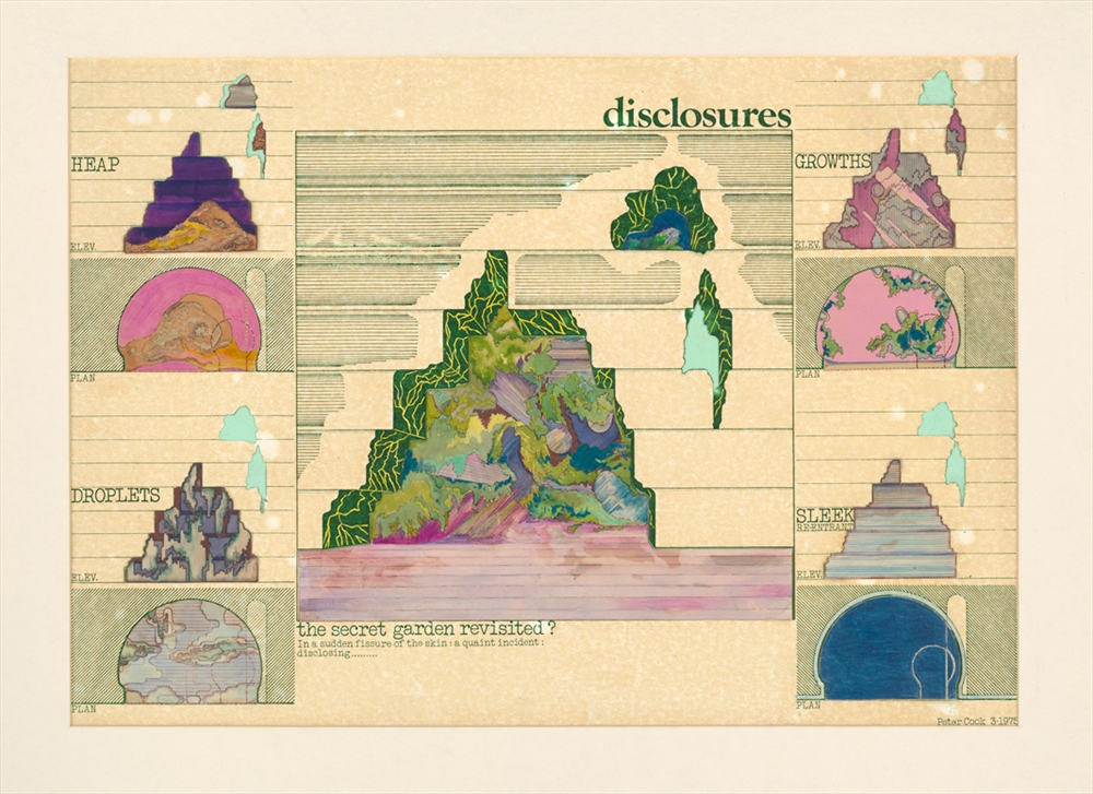 Archisearch - diclosures: the secret garden revisited?  1975  Paper, felt pen, coloured pencils, watercolour, collage / Papier, Filzstift, Buntstifte, Aquarell, Kollage  44,8 x 63,0 mm  (c) Peter Cook