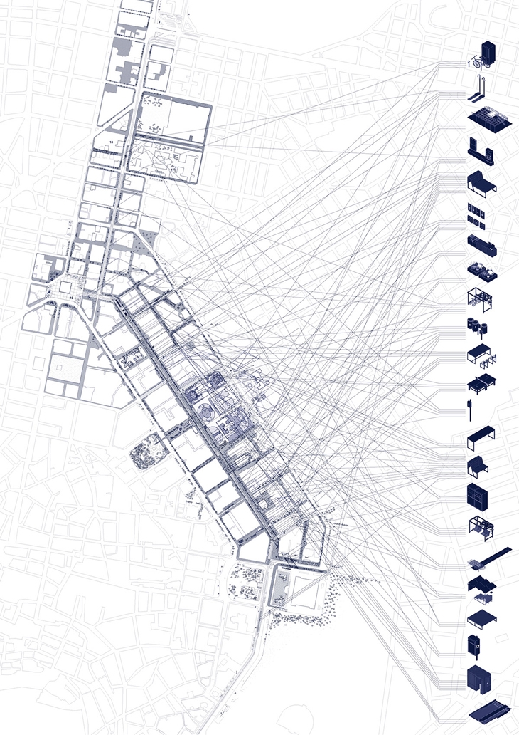 Archisearch - The perceived form of the city is shaped by the daily, individual actions of its inhabitants. To provide a spatial framework which encourages and triggers creative initiatives is an investment to the inhabitants expected appropriation of their urban environment. The proposed infrastructure along with a variety of everyday application modules serves as a matrix to foster spontaneous events in the surrounding city field. Through small scale facilities people regain their right to rethink Athens. 