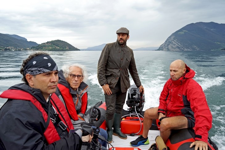 Archisearch - Christo (2nd from left), Director of Construction Rossen Jeliaskov (right), filmmaker Antonio Ferrera (left) and Vladimir Yavachev on Lake Iseo, September 2014, Photo: Wolfgang Volz (c) 2014 Christo
