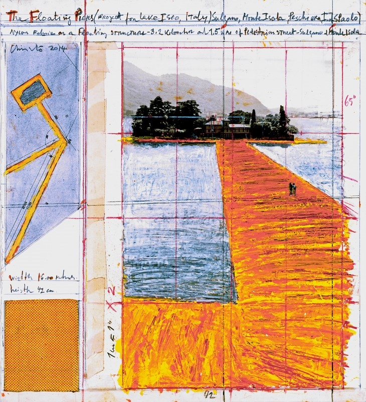 Archisearch - Christo / The Floating Piers (Project for Lake Iseo, Italy), Collage, 2014, 15 1/4 x 13 7/8