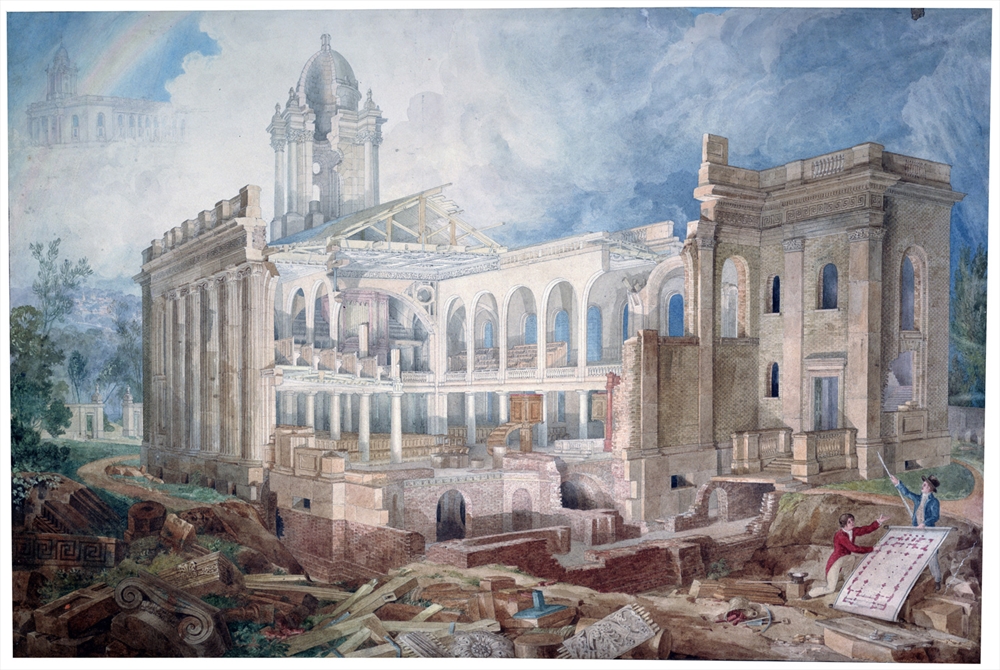 Archisearch - John Soane, Presentation drawing showing a cutaway perspective of Holy Trinity Church, Marylebone, 1824, Pencil, pen and ink, watercolour & bodycolour, 650 x 967 mm, 15/4/6