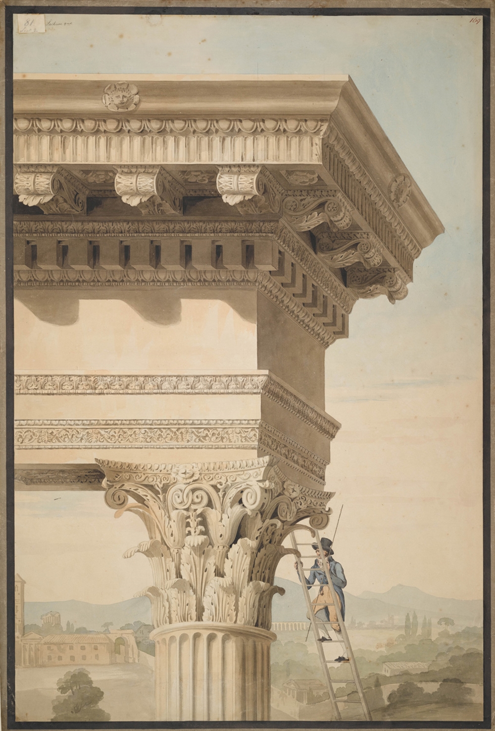 Archisearch - John Soane, Drawing showing a Student measuring a Capital of the Temple of Jupiter Stator (Castor and Pollux), Rome, Pencil, pen and watercolour, 1010 x 730 mm, 23/9/3