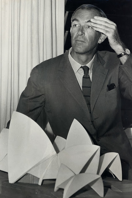 Archisearch - March 8, 1966. Architect Jørn Utzon after a press conference with a scale model of the Sydney Opera House