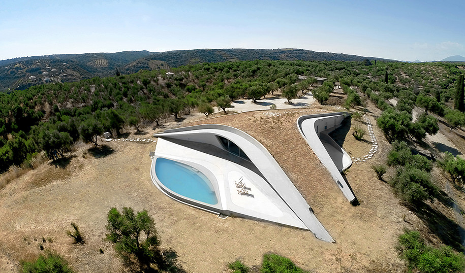 Ypsilon, olive, grove, peloponnese, villa,LASSA, architects, sarantoglou, Sweijd, roof, concrete, shape, prefabrication